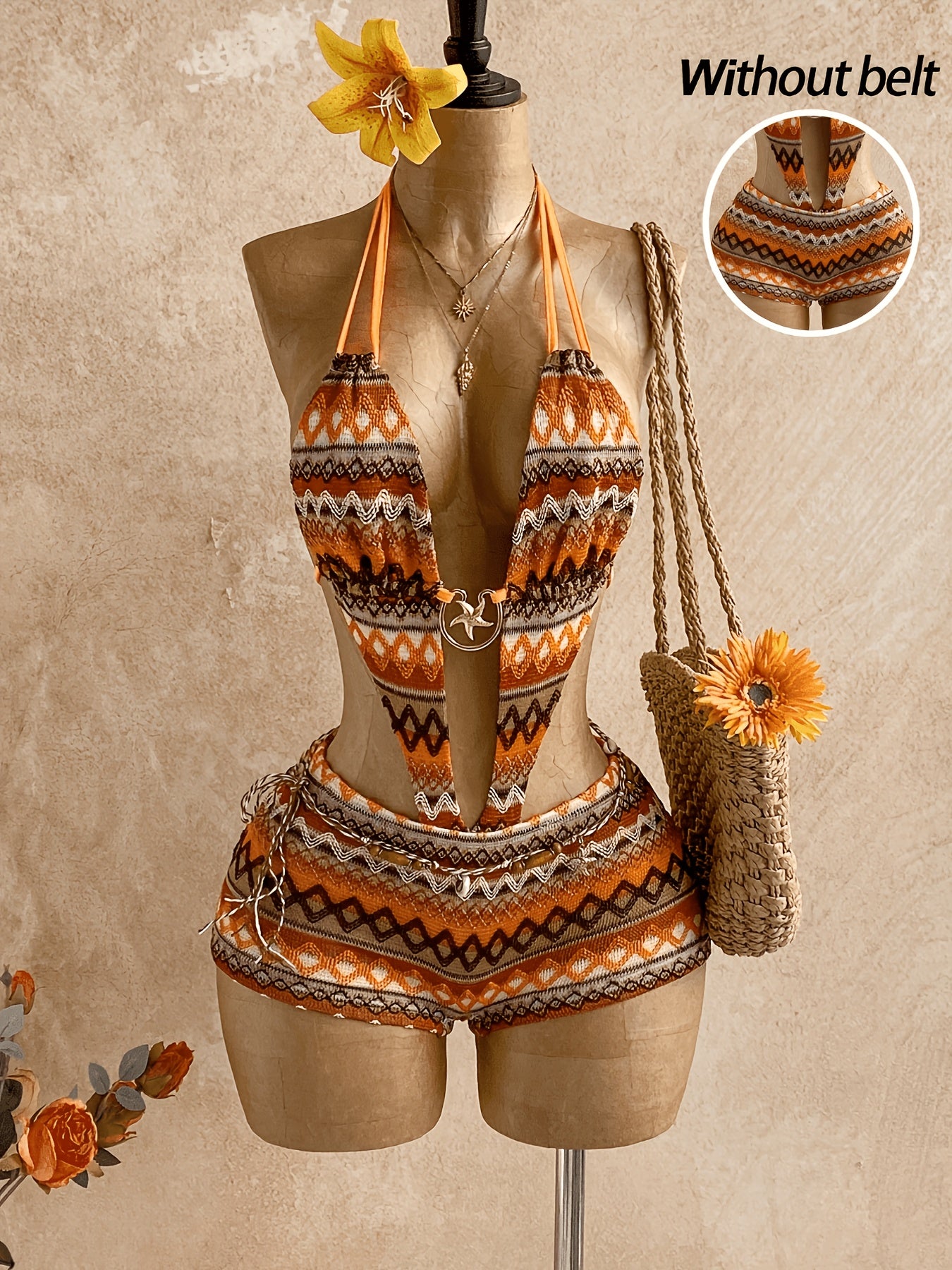 Women'S Jumpsuit Sleeveless Halter Neck Tie Design Backless Design Chest Metal Decoration Design Sexy Shorts Jumpsuit Vacation Style ASD1