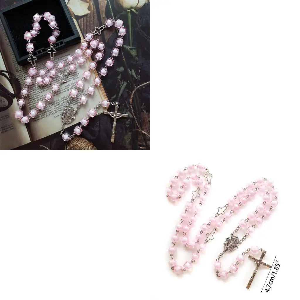 Pink Square for Cross Rosary Necklace Hanging Crafts Bead Chain