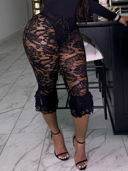Women's Black Lace Mid-Length Leggings Ruffled