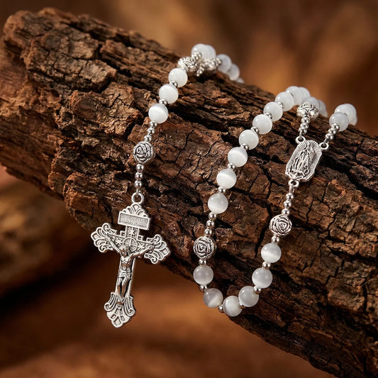 Catholic Rosary White Cat Eye Natural Stone Virgin Mary Cross Pendant Necklace for Women and Men Jewelry Gift
