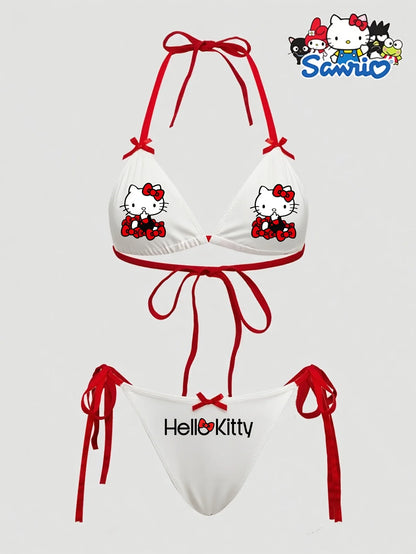 Sanrio Hello Kitty Women's Sexy Red Bow Letter Cartoon Print Wireless Bralette Swim Top Swim Bottom Set
