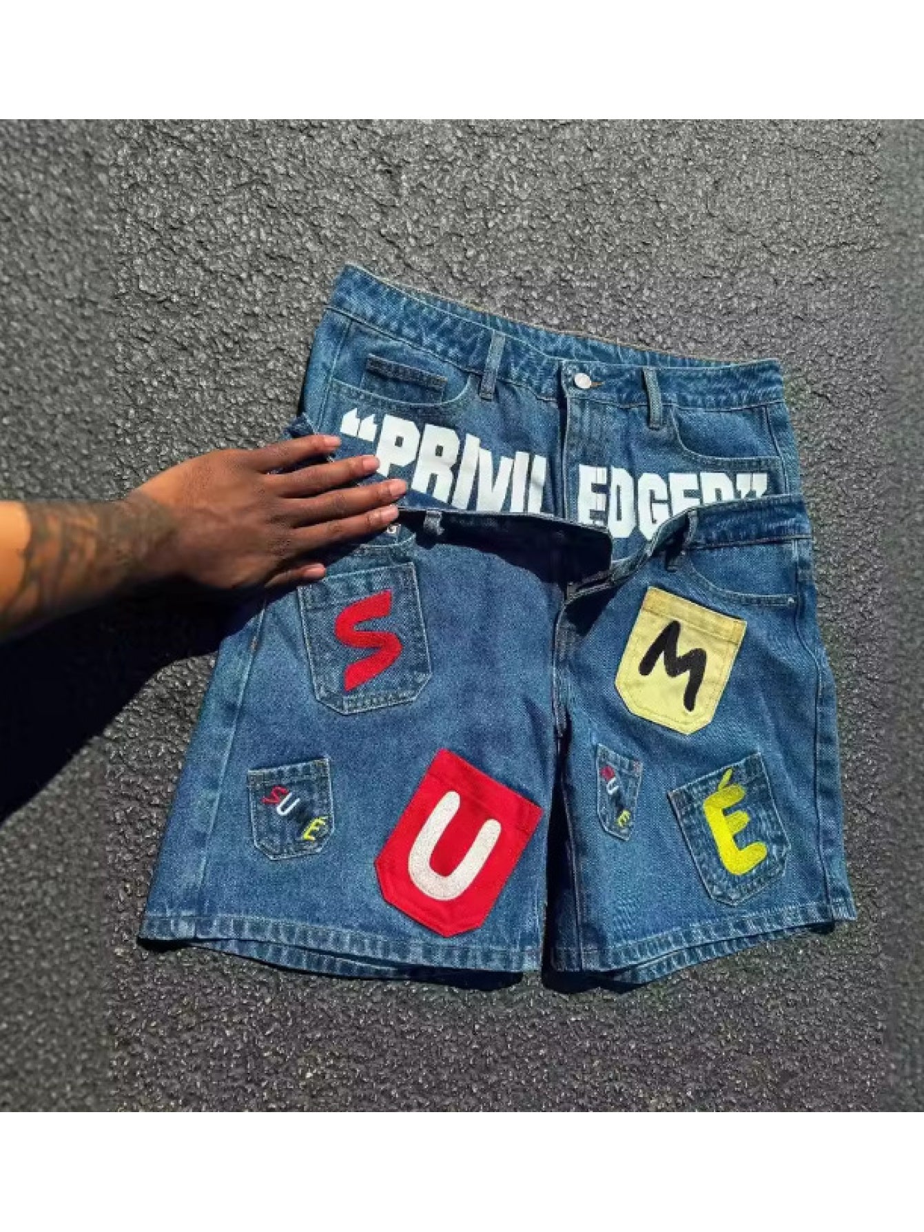 Double Waistband Denim Shorts- Y2K Vintage Patchwork Letter Embroidered