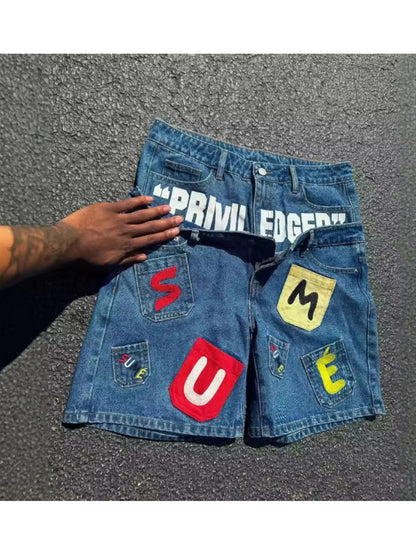Double Waistband Denim Shorts- Y2K Vintage Patchwork Letter Embroidered