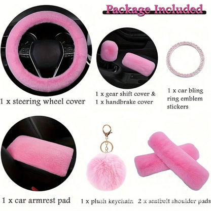 8pcs Set Combination Pink Goddess Plush Car Steering Wheel Cover