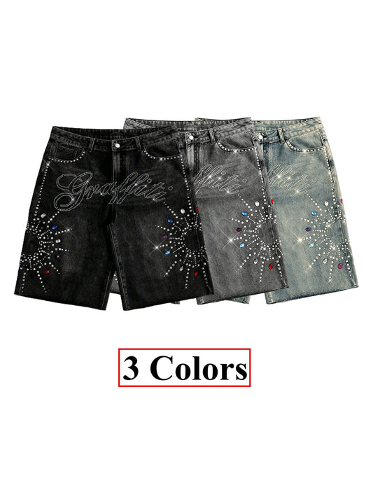 3 Colors Available Rhinestone Jean Shorts, Vintage Streetwear Denim Shorts,