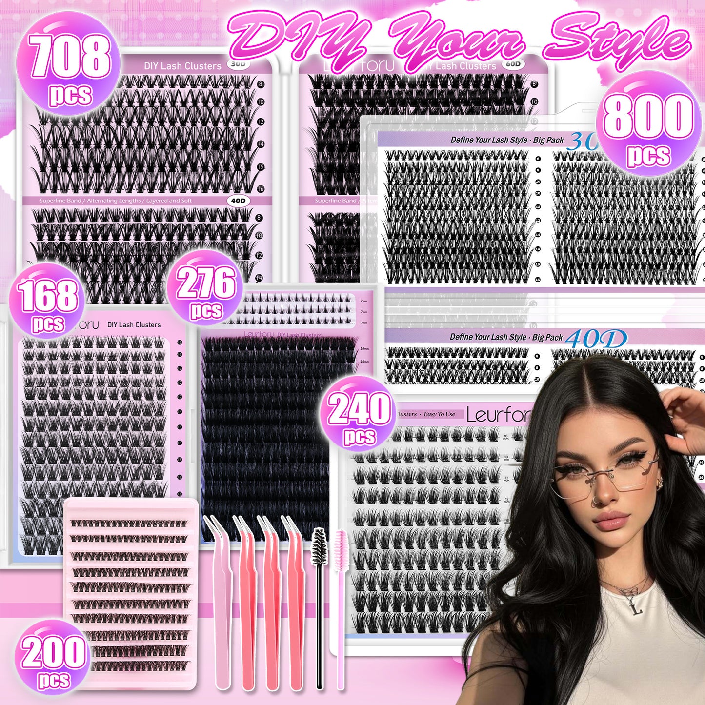 168/200/240/276/708/800pcs Lash Cluster Extensions, Fluffy Lash Clusters Kit, Mixed Length Individual Cluster Eyelash Extensions, Multiple Lash Styles for Daily & Makeup Looks, High-Capacity Lash Kit, Soft Fiber Lashes, Easy-To-Apply