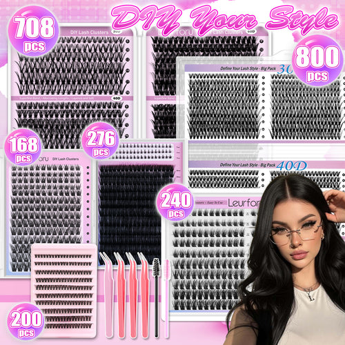 168/200/240/276/708/800pcs Lash Cluster Extensions, Fluffy Lash Clusters Kit, Mixed Length Individual Cluster Eyelash Extensions, Multiple Lash Styles for Daily & Makeup Looks, High-Capacity Lash Kit, Soft Fiber Lashes, Easy-To-Apply