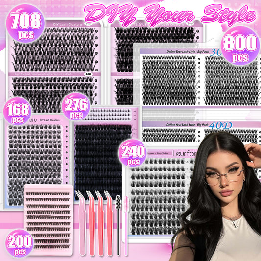 168/200/240/276/708/800pcs Lash Cluster Extensions, Fluffy Lash Clusters Kit, Mixed Length Individual Cluster Eyelash Extensions, Multiple Lash Styles for Daily & Makeup Looks, High-Capacity Lash Kit, Soft Fiber Lashes, Easy-To-Apply