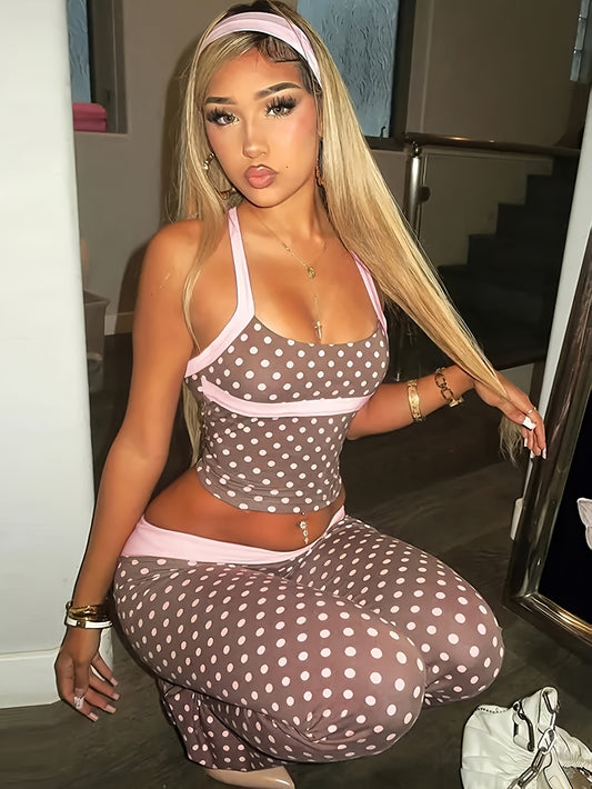 Women's Polka Dot Low-rise Crop Top And Color-block Pants Set With A Retro Vibe,