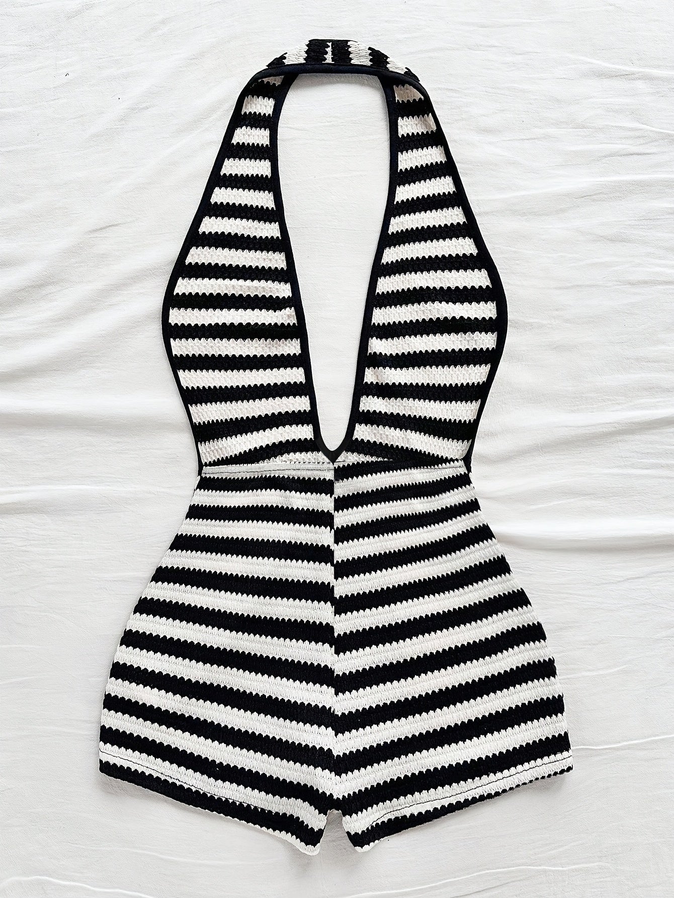 Summer Fashion Comfortable Versatile Striped Deep V-Neck Halter Backless Vest And Shorts