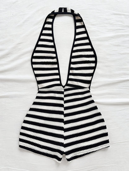 Summer Fashion Comfortable Versatile Striped Deep V-Neck Halter Backless Vest And Shorts