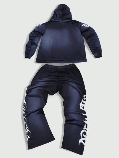 New Washed Gradient Print Hoodie + Loose Straight Leg Pants 2pcs Tracksuit, for Outdoor