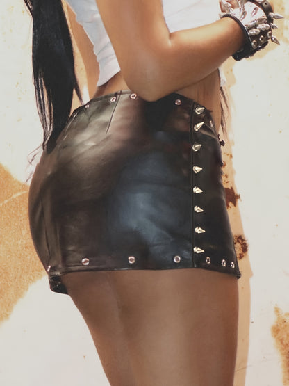 Fashion Faux Leather Studded Design Black Short Skirt Y2K WOMEN