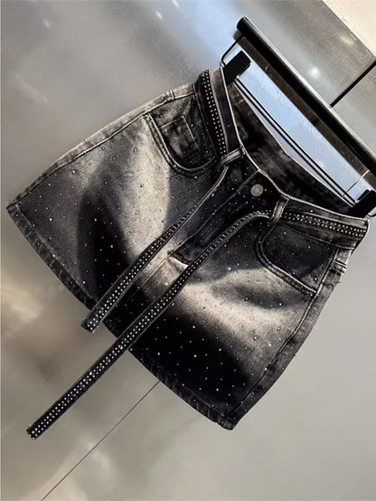 Retro Gradient Rhinestone Denim Half-Length Skirt for Women. High-Waisted And Hourglass-Shaped