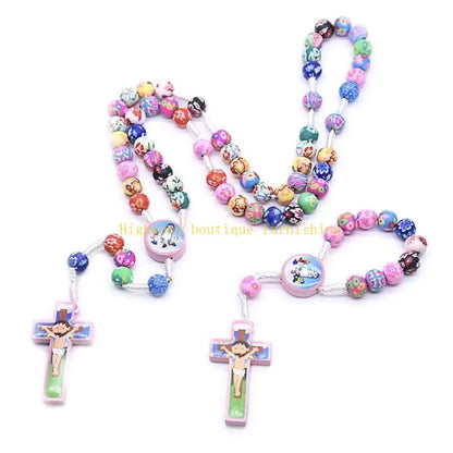 L9NB Rosary Necklace Catholic Rose Beads Religion Long Chain Children