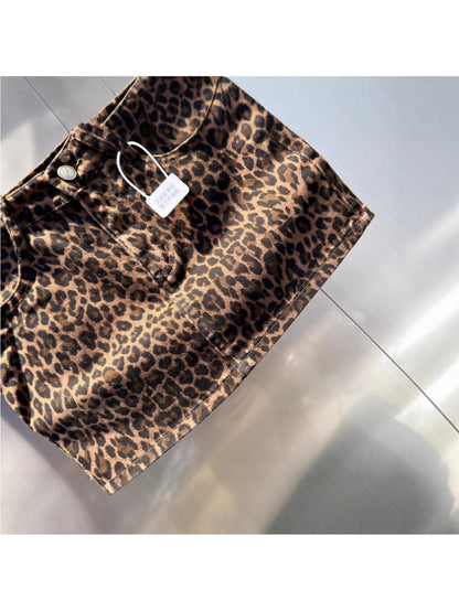 Elastic Brown Leopard Print Denim Hip Skirt,