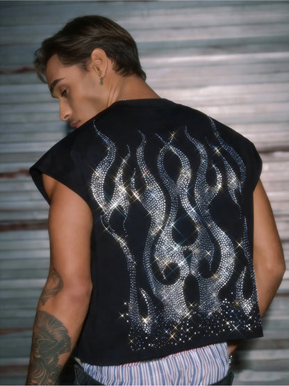 American Street Hot Drilling Flame Sleeveless Short Vest Men'S Trendy Brand Ruffian Handsome Loose Flash Diamond Vest Music Festival Fried Street Outfit