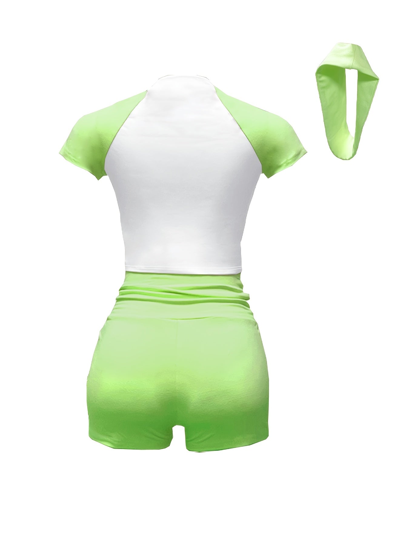 TW733 Stylish Spicy Color Block Short Sleeve Top and High-Waist Shorts Casual Set with Hair Tie