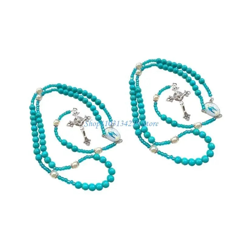 N5KC Spiritual Blue Beaded Turquoise Rosary Necklace with Metal Crosses Pendant for Prayer Religious Neckchain Jewelry Gift