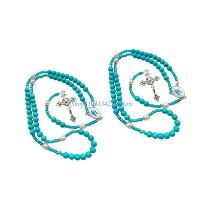 N5KC Spiritual Blue Beaded Turquoise Rosary Necklace with Metal Crosses Pendant for Prayer Religious Neckchain Jewelry Gift
