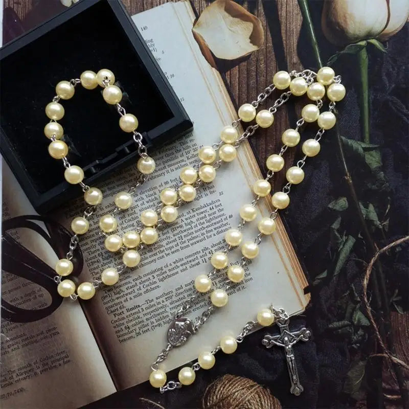E8BD Lovely Rosary for Cross Crucifix Necklace Christian Catholic Choker for Women
