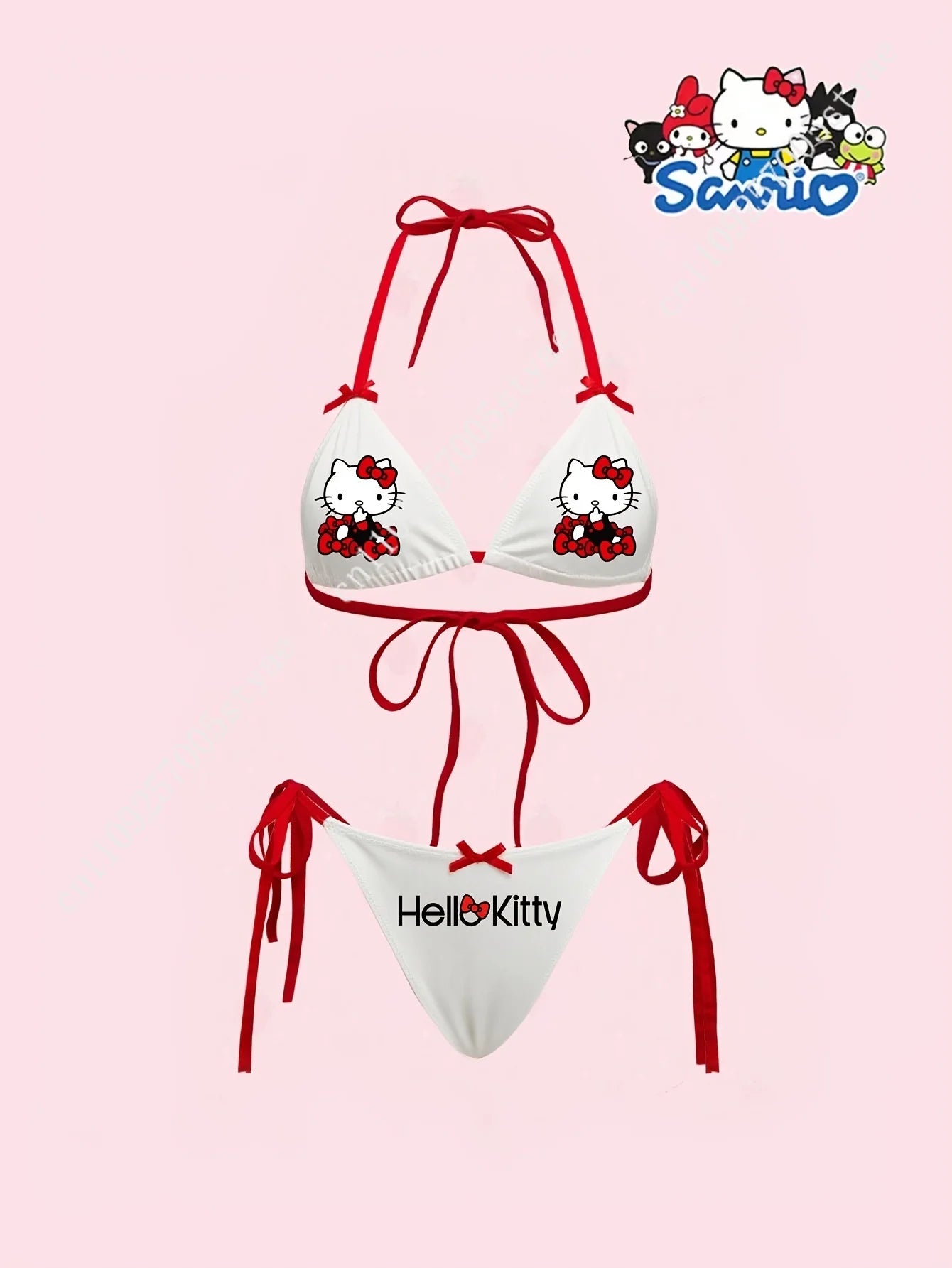 Sanrio Hello Kitty Women's Sexy Red Bow Letter Cartoon Print Wireless Bralette Swim Top Swim Bottom Set
