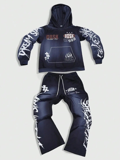 New Washed Gradient Print Hoodie + Loose Straight Leg Pants 2pcs Tracksuit, for Outdoor
