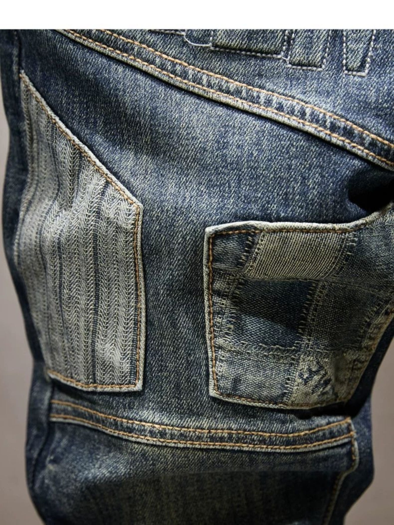 Men'S Vintage Biker Jeans, Heavy Embossed Patchwork Denim Pants
