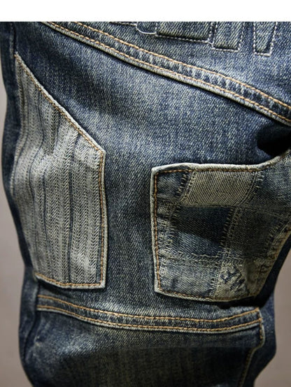Men'S Vintage Biker Jeans, Heavy Embossed Patchwork Denim Pants