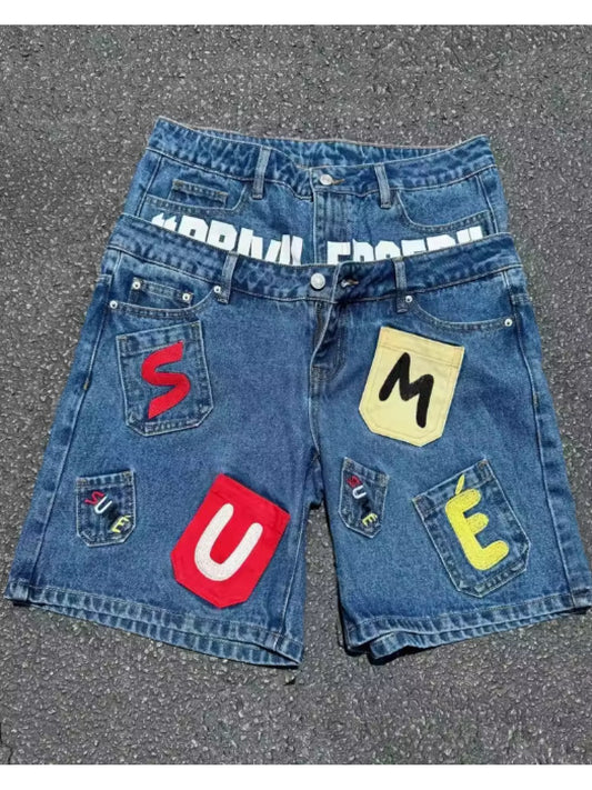 Double Waistband Denim Shorts- Y2K Vintage Patchwork Letter Embroidered