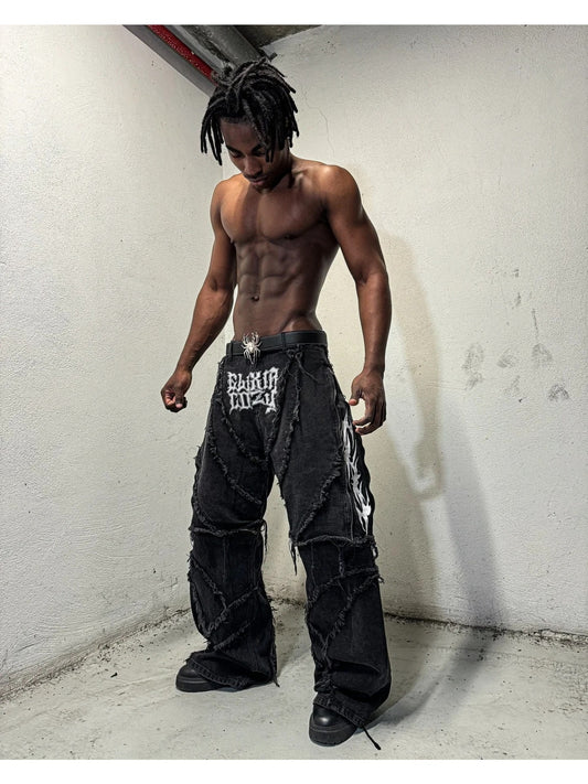 Mens Loose Wide-Leg Faux Denim, Retro Zipper Spliced