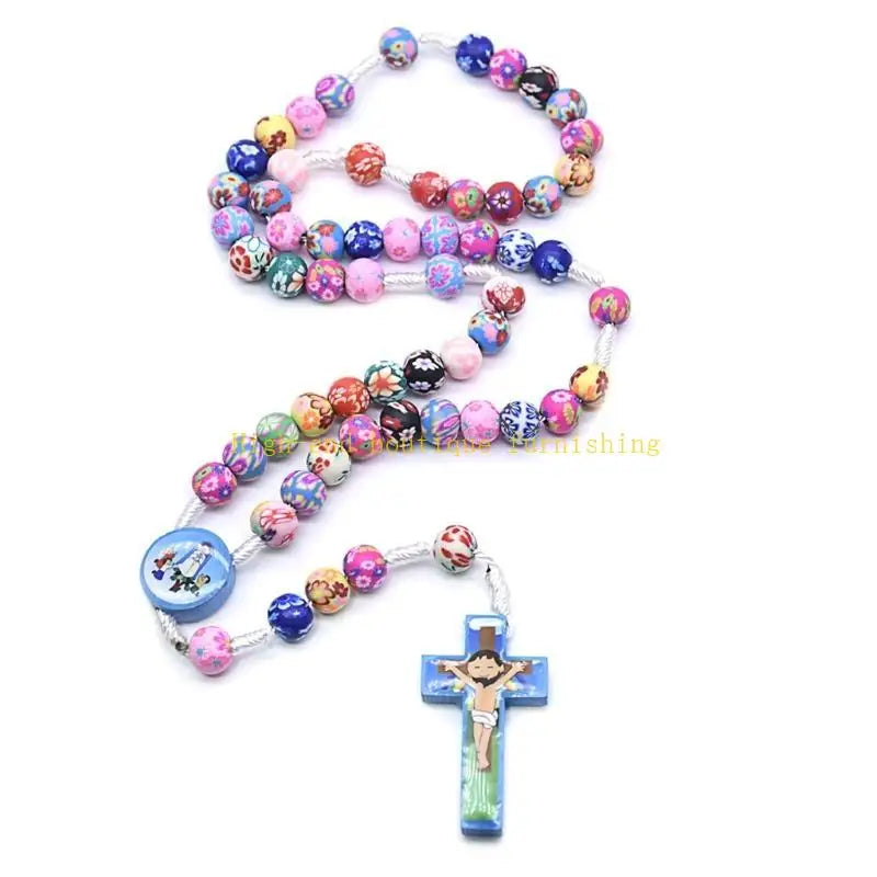 L9NB Rosary Necklace Catholic Rose Beads Religion Long Chain Children