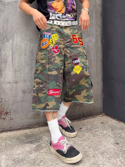 Men'S Embroidered Pattern Pearl Decor Loose Camouflage Denim Shorts