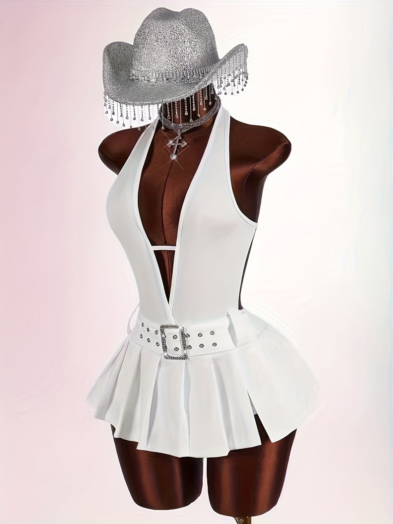 ASD1 Directional, Women's Y2K Dress, Deep V-Neck Backless Metal Buckle Decor High-Stitched Pleated Fitted Mini Dress with Leggings, Party Wear