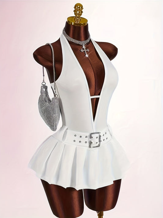 ASD1 Directional, Women's Y2K Dress, Deep V-Neck Backless Metal Buckle Decor High-Stitched Pleated Fitted Mini Dress with Leggings, Party Wear