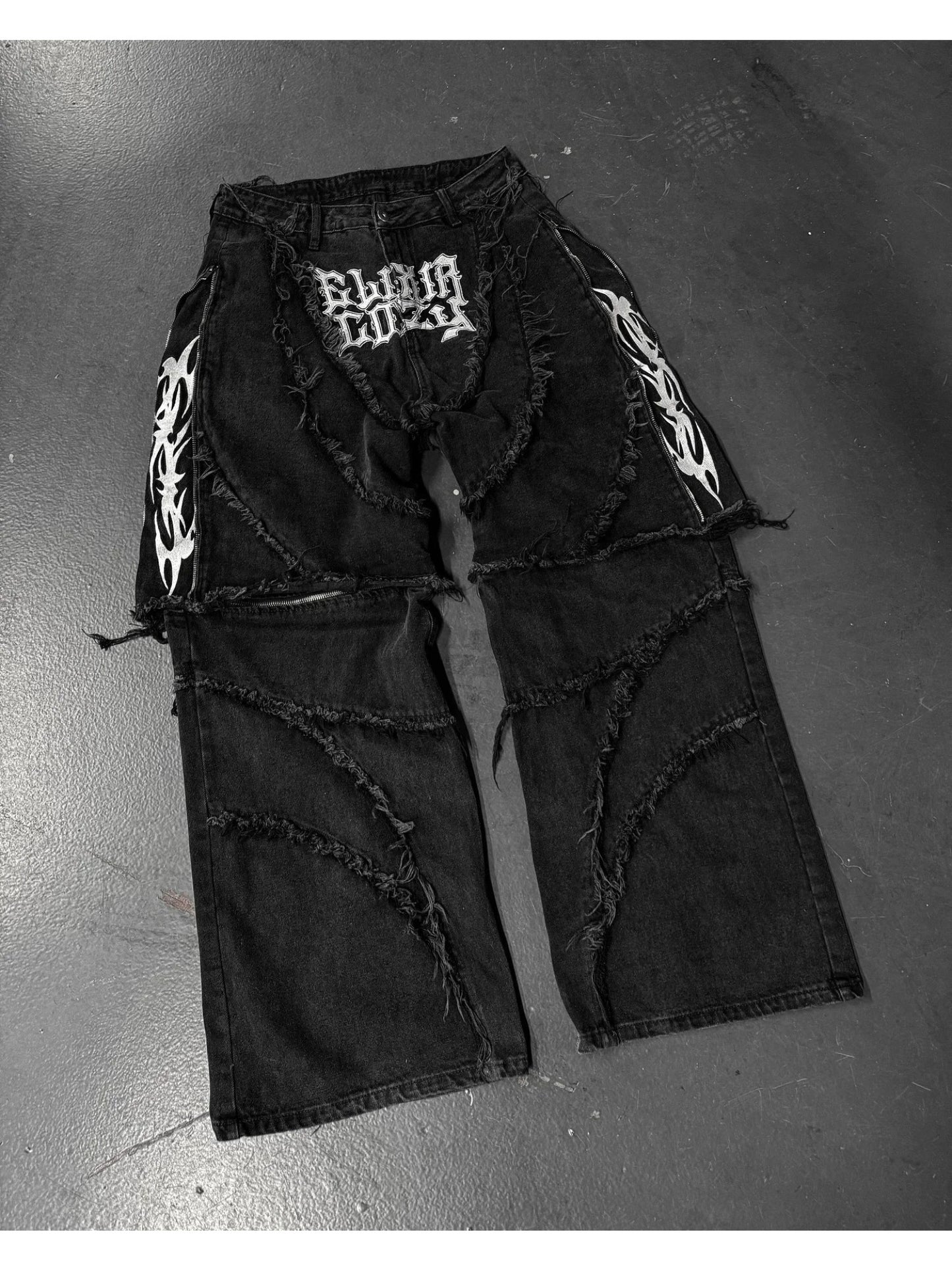 Mens Loose Wide-Leg Faux Denim, Retro Zipper Spliced