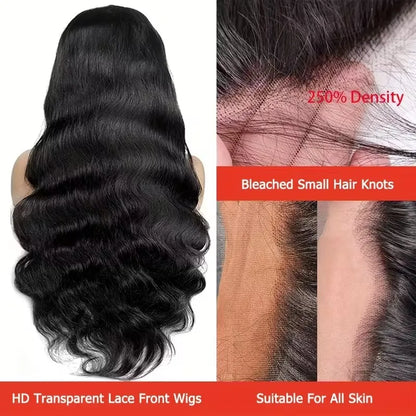 Brazilian Remy Human Hair Lace Front Wig 180 Density 13x4 Lace Pre Plucked 13X6 Natural Black Body Wave Wavy Texture Full Wig